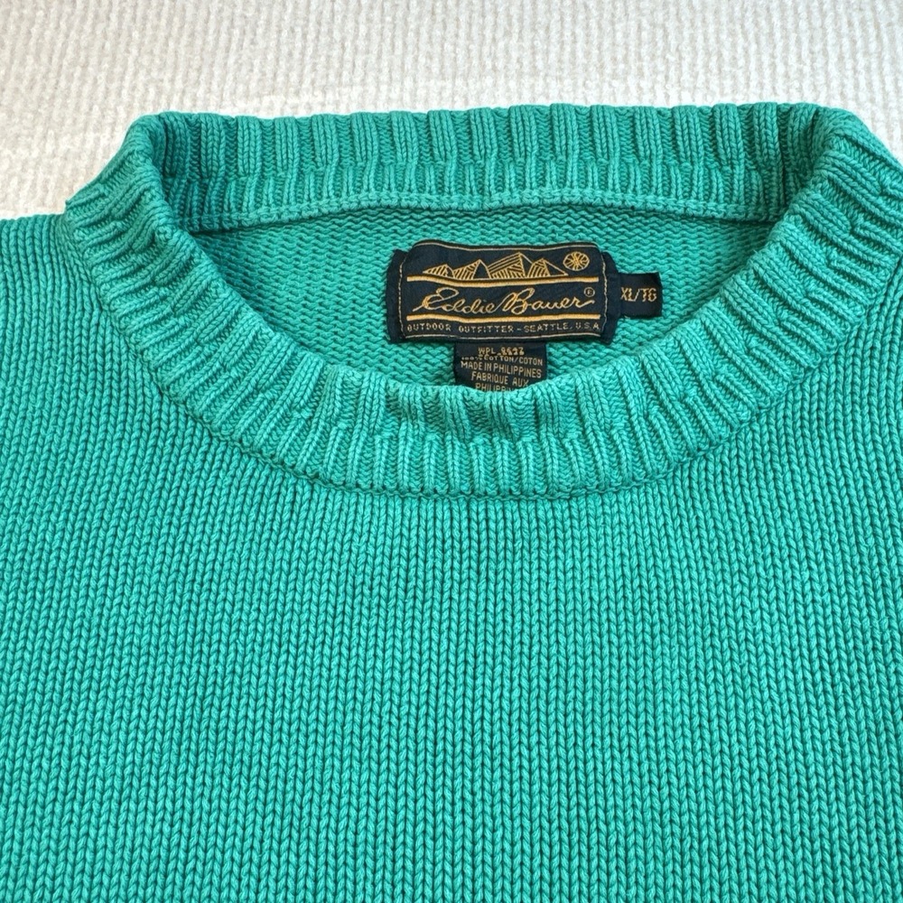 Eddie Bauer Sweater Mens XL Teal Green Vintage 90s Cotton Shaker Knit Crewneck‎ - Picture 6 of 8